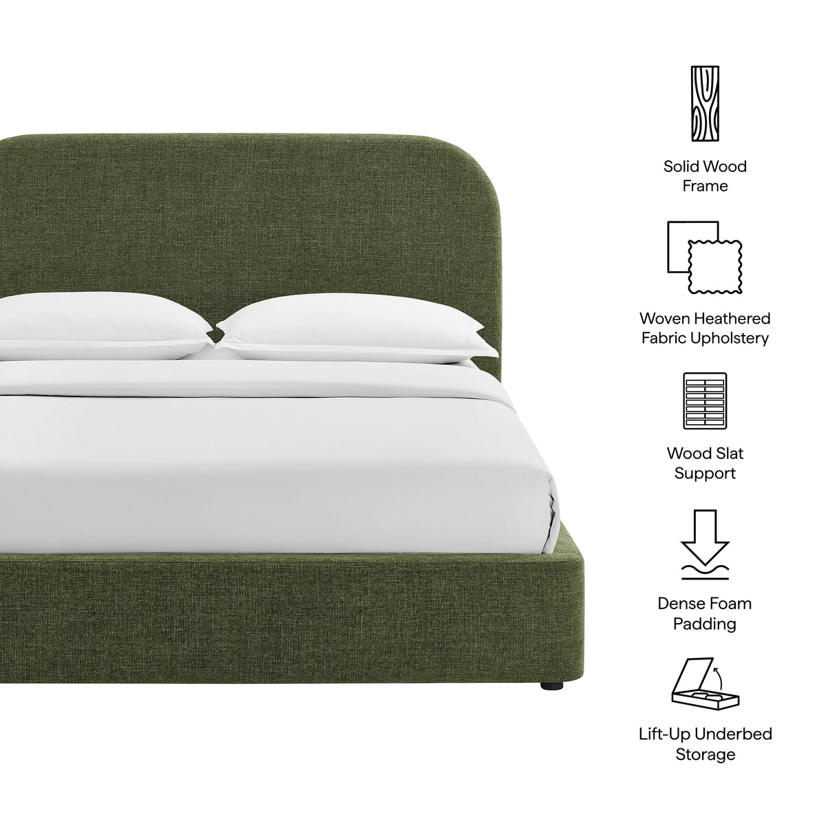 Keynote fabric upholstered storage platform bed with olive-green headboard and solid wood frame on Tampa Home & Garden Store
