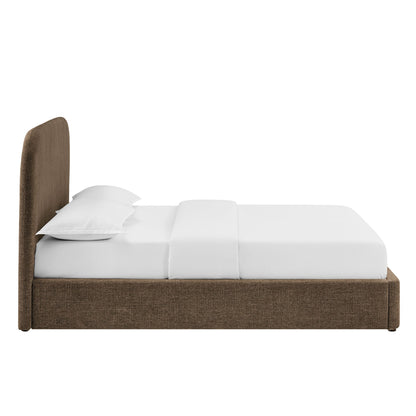 Keynote Fabric Upholstered Platform Bed Frame in brown with bedding on Tampa Home & Garden Store