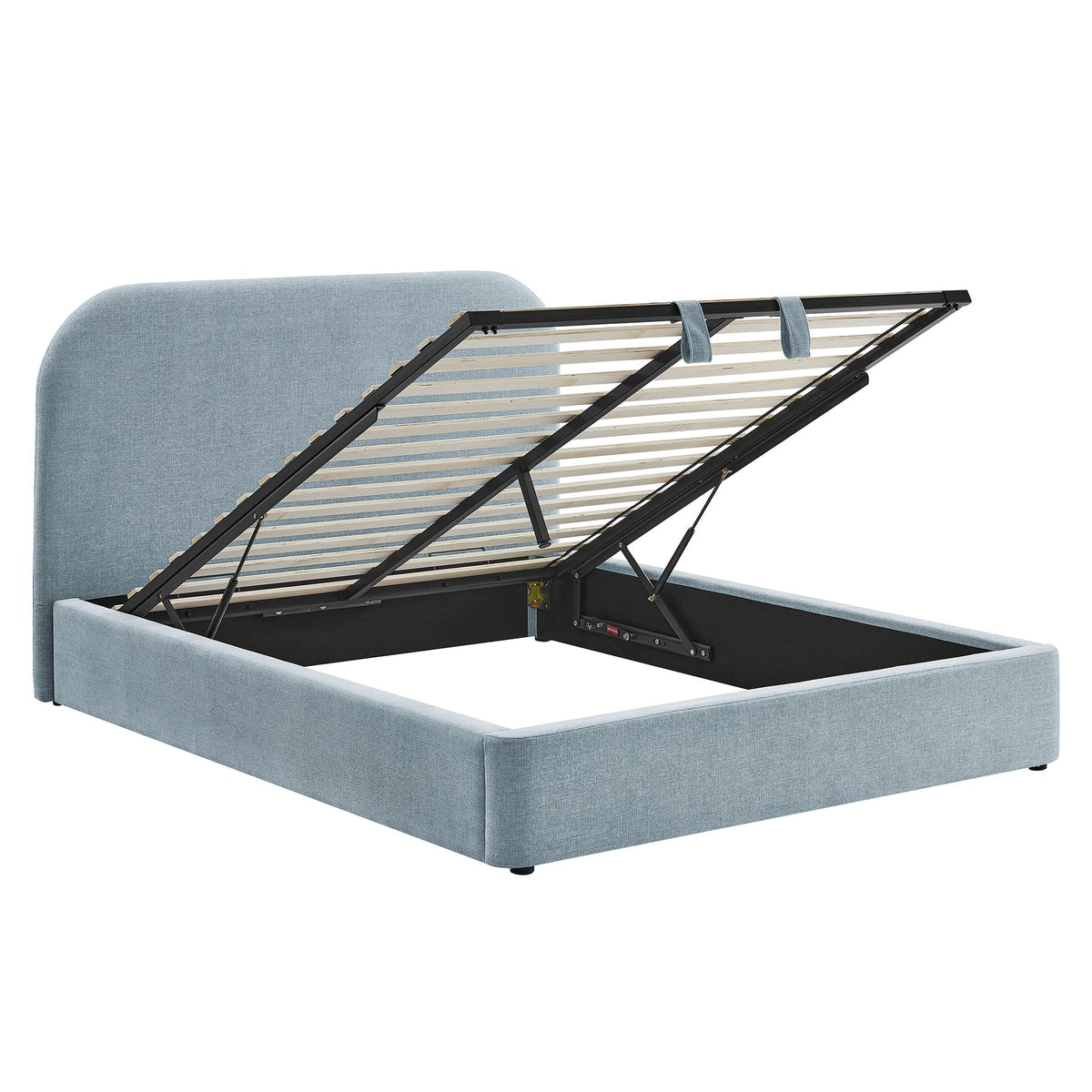 Keynote fabric upholstered storage platform bed frame in light blue-gray with hydraulic lift on Tampa Home & Garden Store