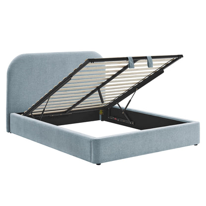 Keynote fabric upholstered storage platform bed frame in light blue-gray with hydraulic lift on Tampa Home & Garden Store