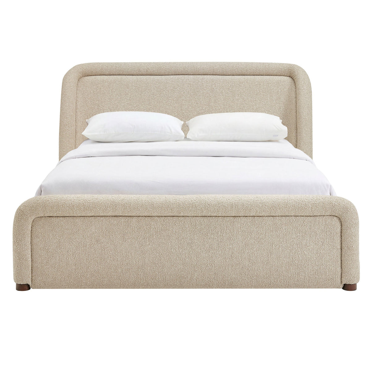 Tasmin Upholstered Fabric Platform Bed in beige with rounded headboard and bed skirt on Tampa Home & Garden Store