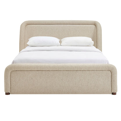 Tasmin Upholstered Fabric Platform Bed in beige with rounded headboard and bed skirt on Tampa Home & Garden Store