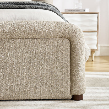 Tasmin upholstered fabric platform bed with beige textured bed skirt and cozy throw blanket on Tampa Home & Garden Store