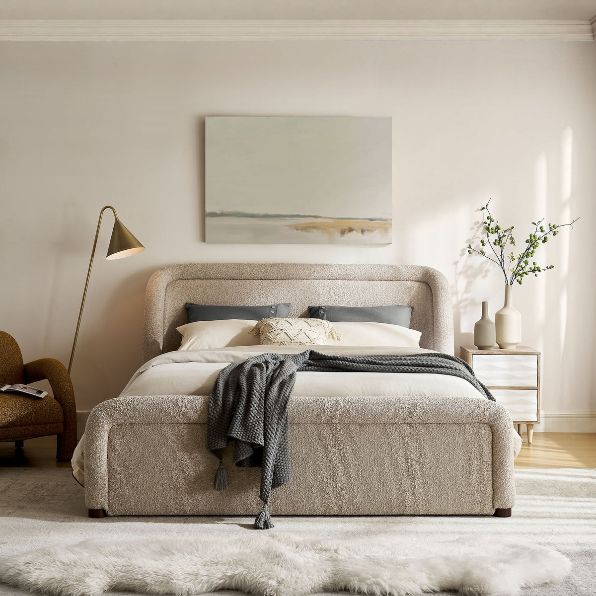 Tasmin Upholstered Fabric Platform Bed by Modway in beige boucle with gray knit throw on Tampa Home & Garden Store