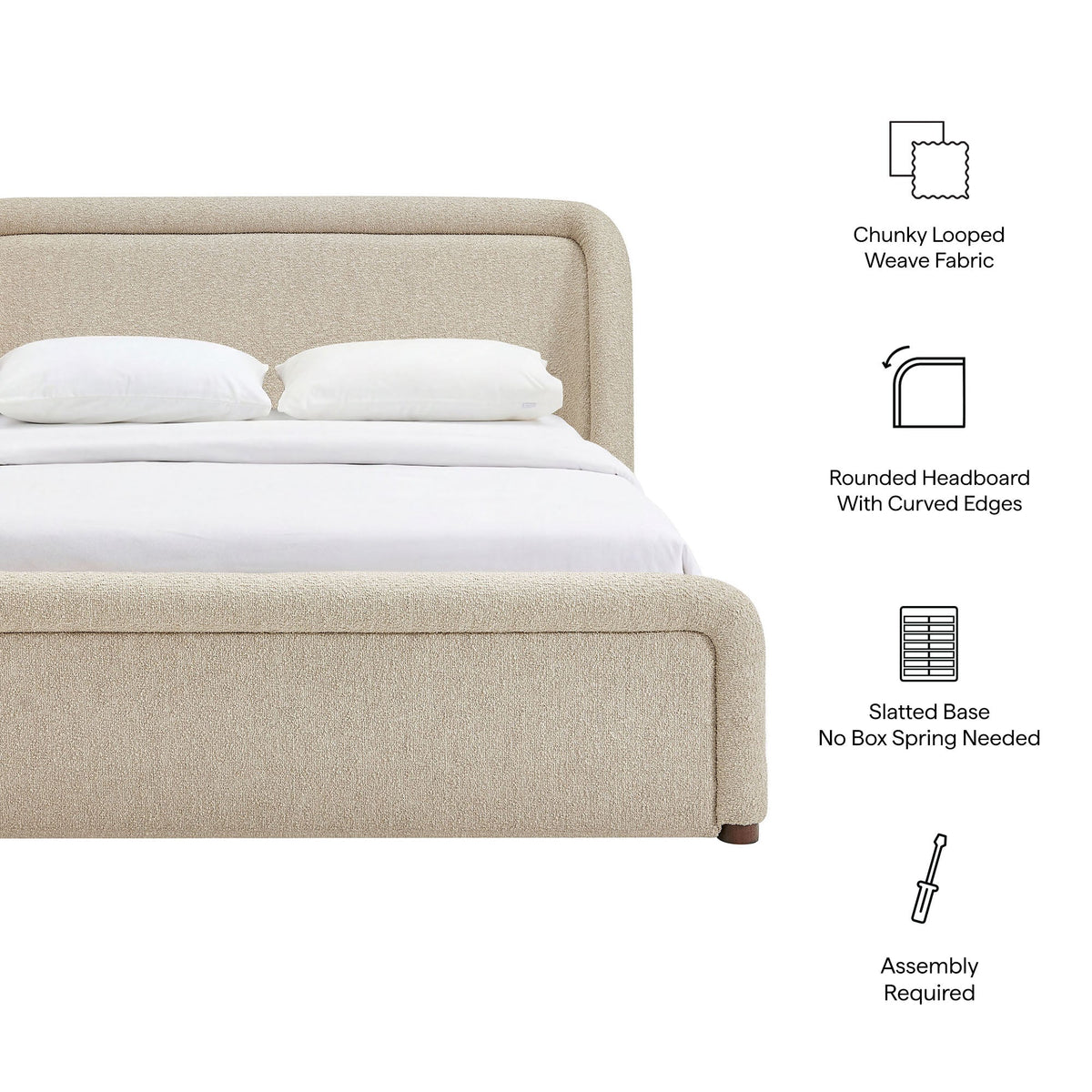 Tasmin upholstered fabric platform bed with rounded edges in beige chunky looped weave on Tampa Home & Garden Store