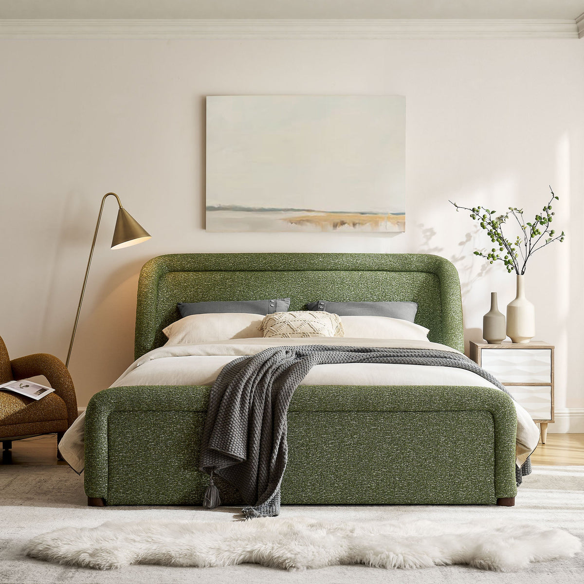 Tasmin upholstered fabric platform bed in green by Modway; modern bedroom with lamp and greenery on Tampa Home & Garden Store