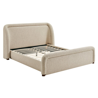 Tasmin upholstered fabric platform bed beige boucle with headboard and slatted base on Tampa Home & Garden Store