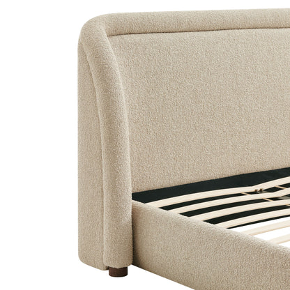 Tasmin Upholstered Fabric Platform Bed in beige boucle with black base and wood slats on Tampa Home & Garden Store