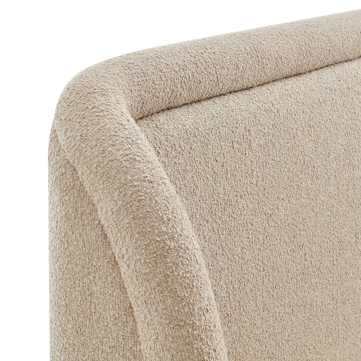 Tasmin upholstered fabric platform bed beige boucle close-up of curved edge on Tampa Home & Garden Store