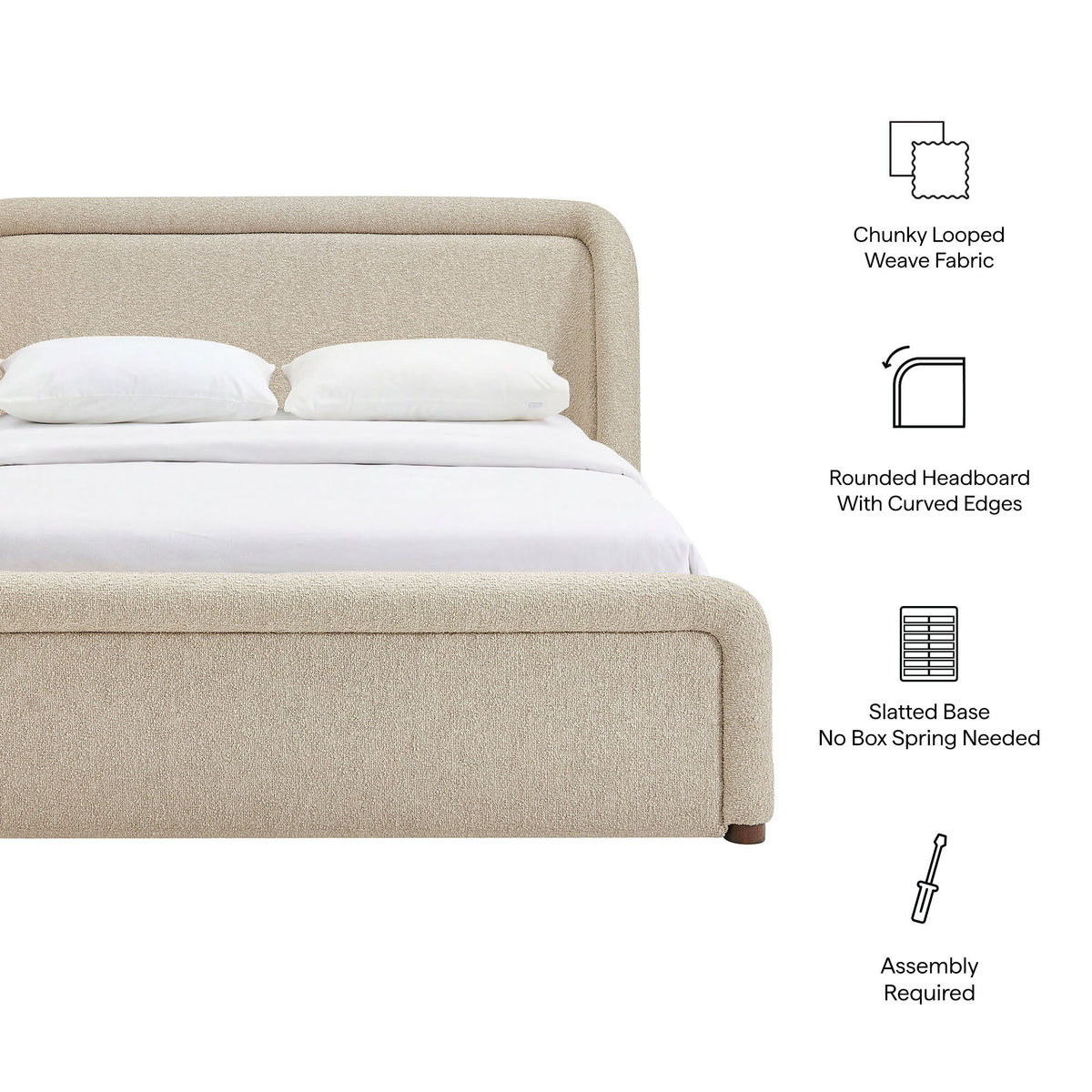 Tasmin Upholstered Platform Bed in beige looped weave fabric with rounded headboard on Tampa Home & Garden Store