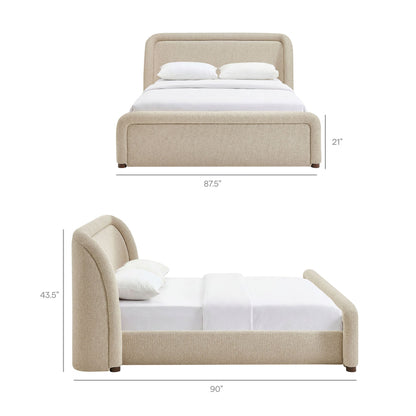 Tasmin upholstered fabric platform bed, beige fabric with rounded headboard and footboard on Tampa Home & Garden Store