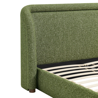 Tasmin upholstered platform bed in green textured fabric with wood slat foundation and black base on Tampa Home & Garden Store
