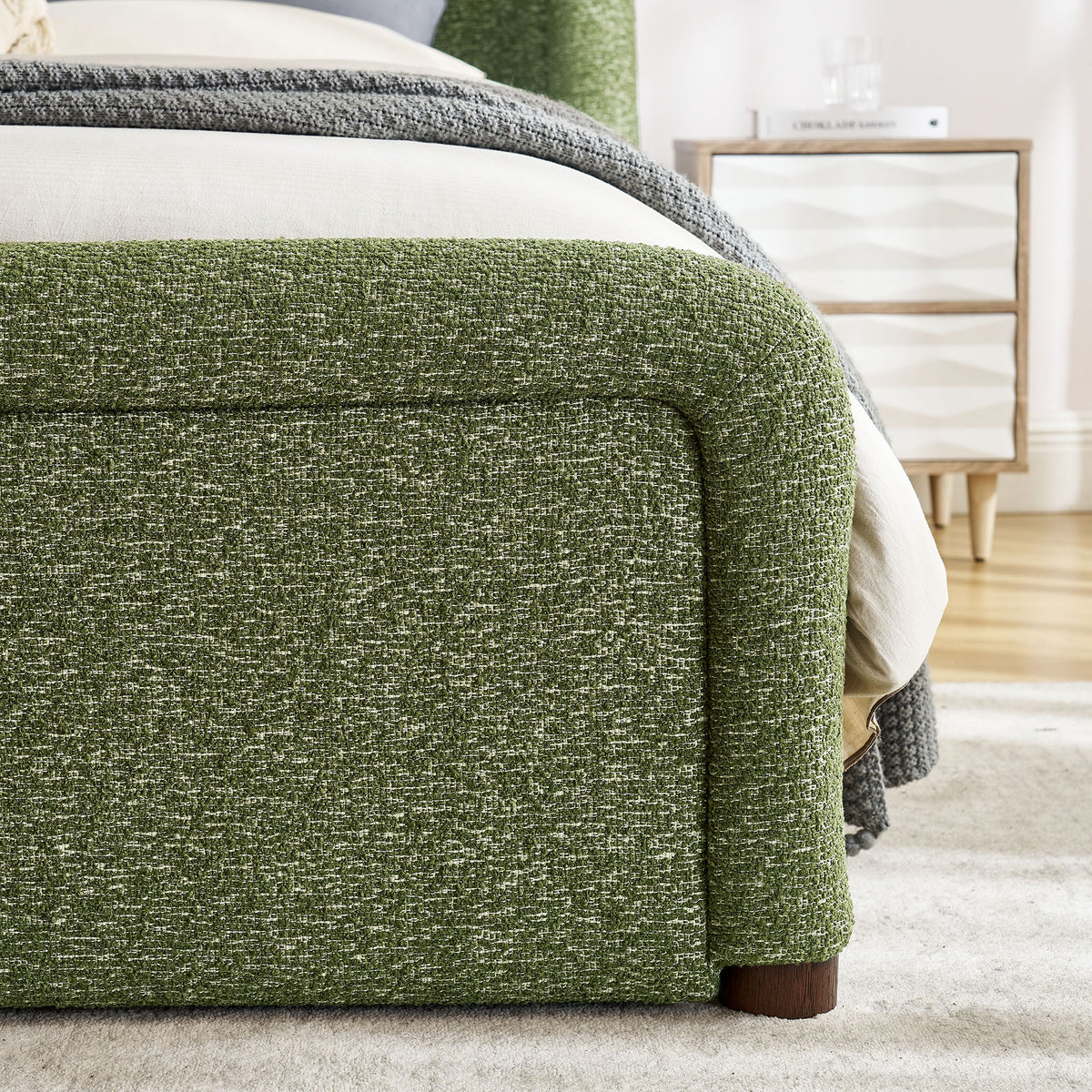 Tasmin upholstered fabric platform bed in green tweed with bed skirt on Tampa Home & Garden Store