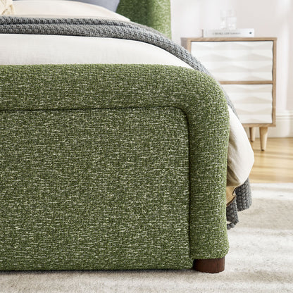 Tasmin upholstered fabric platform bed in green tweed with bed skirt on Tampa Home & Garden Store
