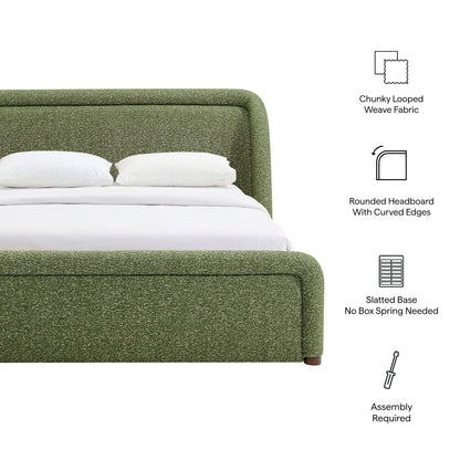 Tasmin upholstered fabric platform bed green chunky looped weave with headboard on Tampa Home & Garden Store