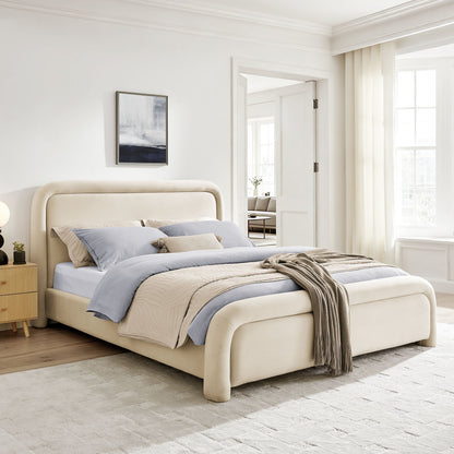 Beck Performance Velvet Platform Bed in beige velvet with rounded headboard on Tampa Home & Garden Store