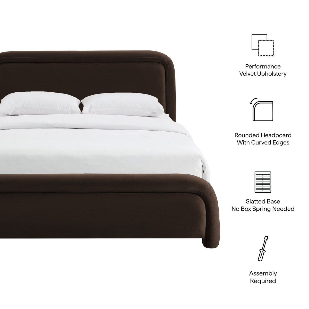Beck Performance Velvet Platform Bed by Modway with dark brown velvet upholstery and curved headboard on Tampa Home & Garden Store