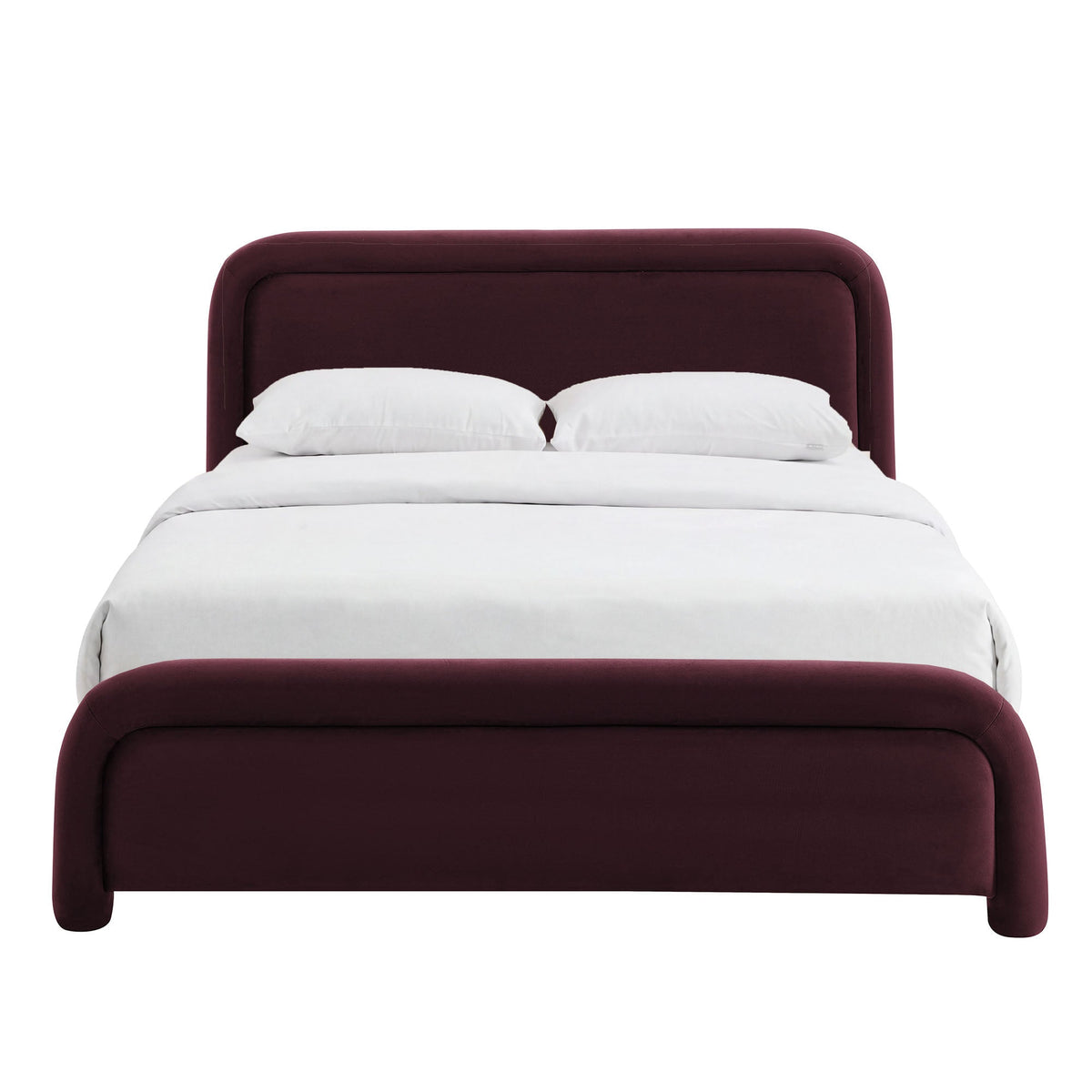 Beck Performance Velvet Platform Bed burgundy headboard with rounded edges and white bedding on Tampa Home & Garden Store