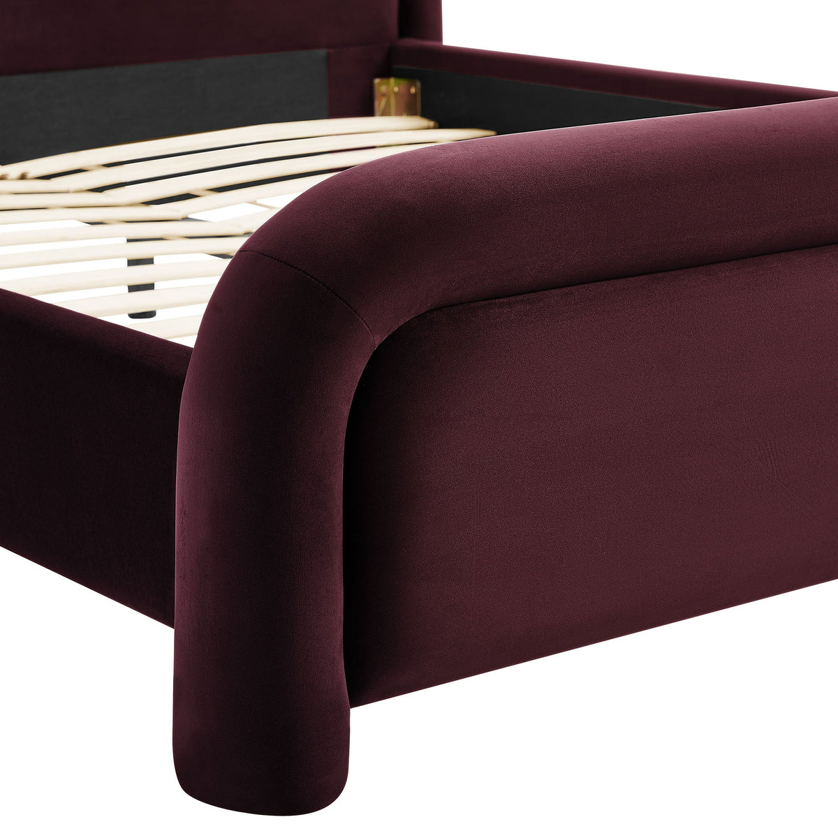 Beck Performance Velvet Platform Bed burgundy velvet with rounded post leg and low-profile frame on Tampa Home & Garden Store