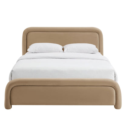 Beck Performance Velvet Platform Bed by Modway, beige velvet with rounded headboard, white bedding on Tampa Home & Garden Store
