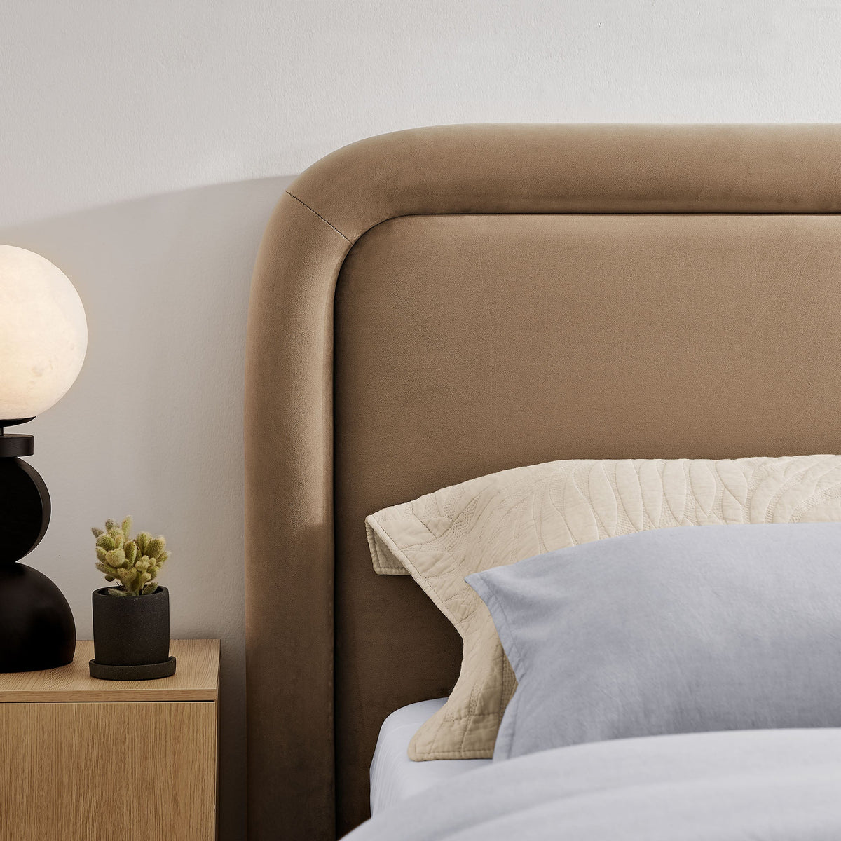 Beck Performance Velvet Platform Bed by Modway, tan velvet upholstered headboard on Tampa Home & Garden Store