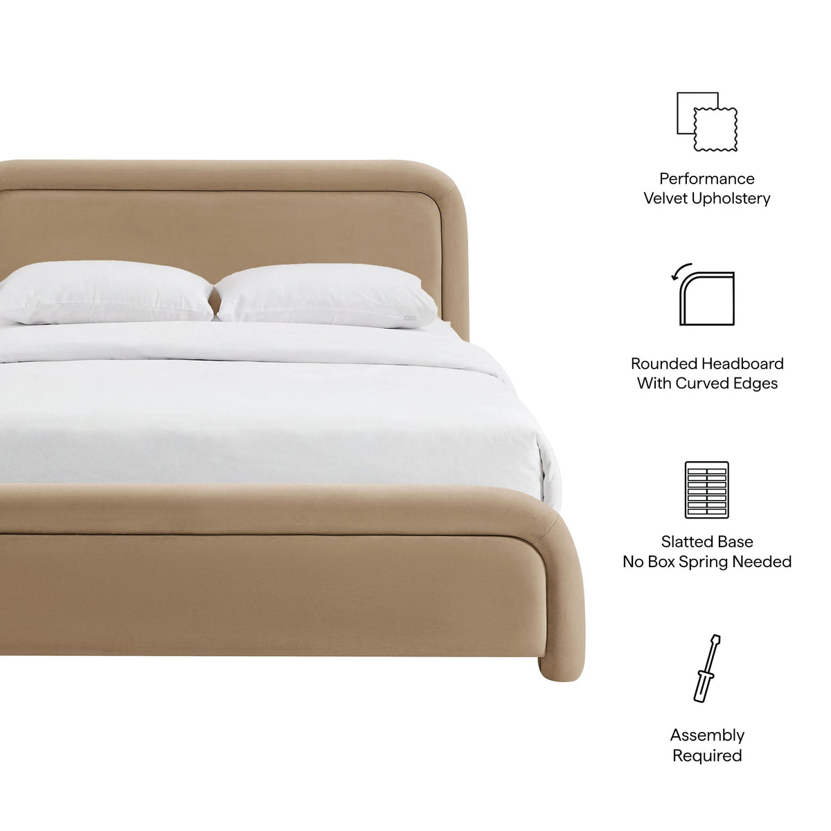 Beck Performance Velvet Platform Bed by Modway, tan velvet upholstery with rounded headboard on Tampa Home & Garden Store