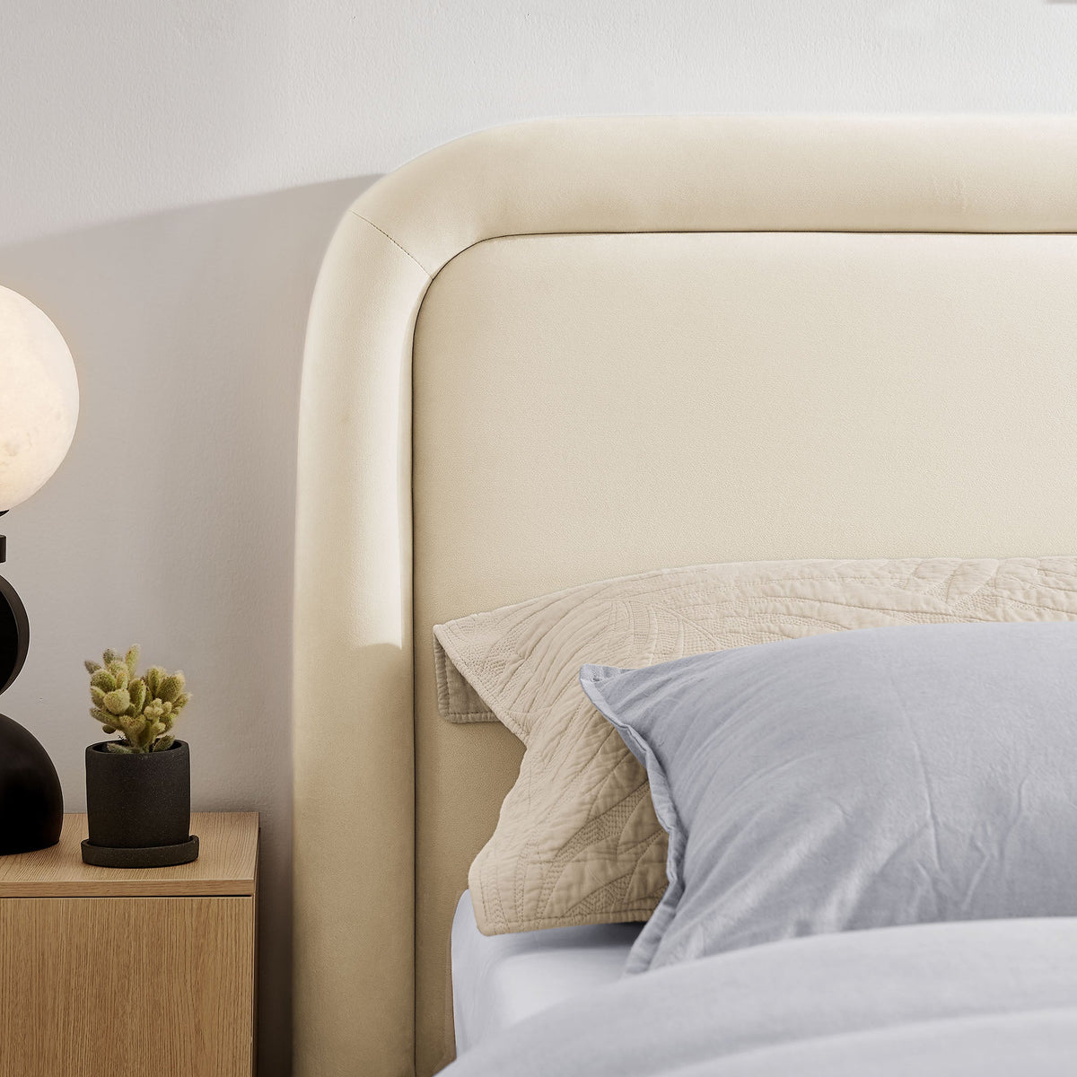 Beck Performance Velvet Platform Bed by Modway, beige velvet upholstery with rounded headboard on Tampa Home & Garden Store