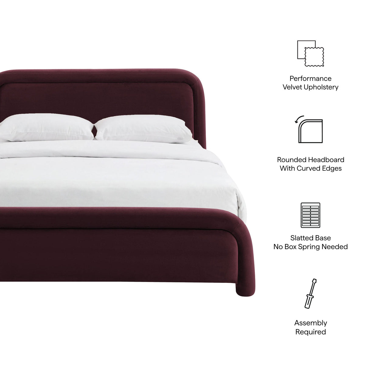 Beck Performance Velvet Platform Bed by Modway, burgundy velvet bed with rounded headboard on Tampa Home & Garden Store