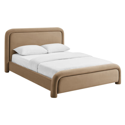 Beck Performance Velvet Platform Bed in tan beige velvet with rounded headboard on Tampa Home & Garden Store