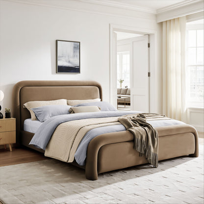 Beck Performance Velvet Platform Bed by HouseOfZazla in beige velvet with curved headboard on Tampa Home & Garden Store