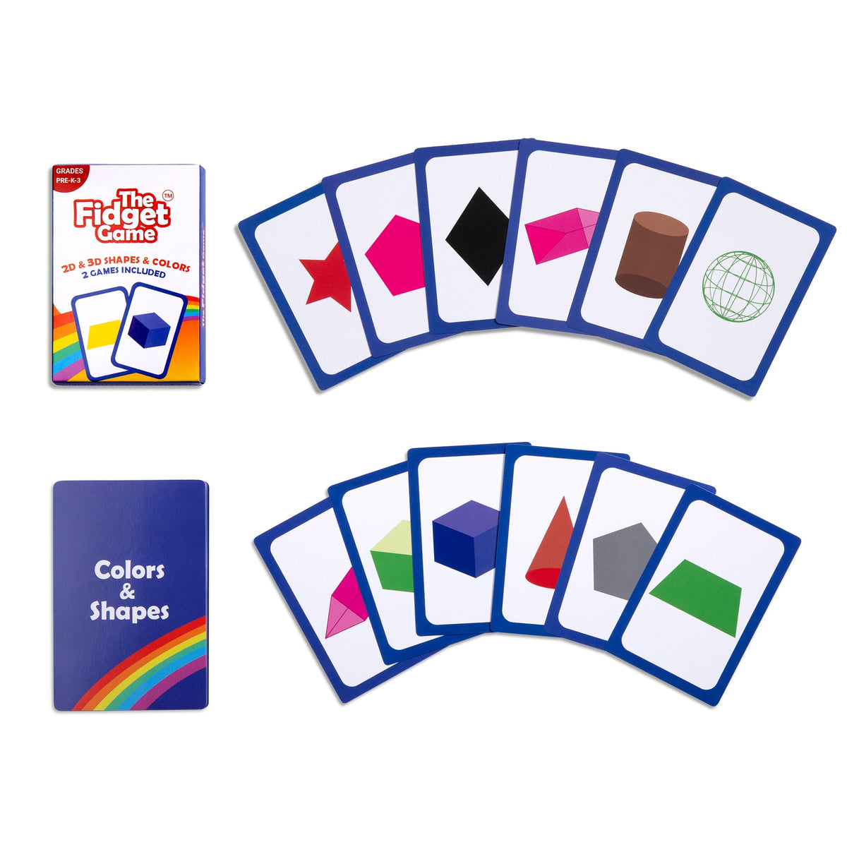 The Fidget Games 2D & 3D Shapes & Colors Card Pack with blue cards showing cube diamond cylinder on Tampa Home & Garden Store
