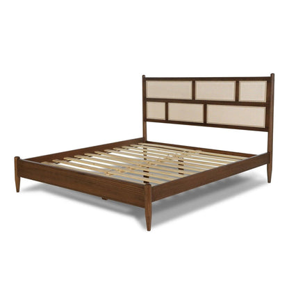 Base de Cama Plataforma King Size de Madera Dura con Cabecero de Panel de Caña en Nogal