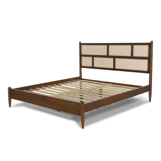 King Size Hardwood Platform Bed Frame with Cane Paneling Headboard in Walnut - Tampa Home & Garden Store