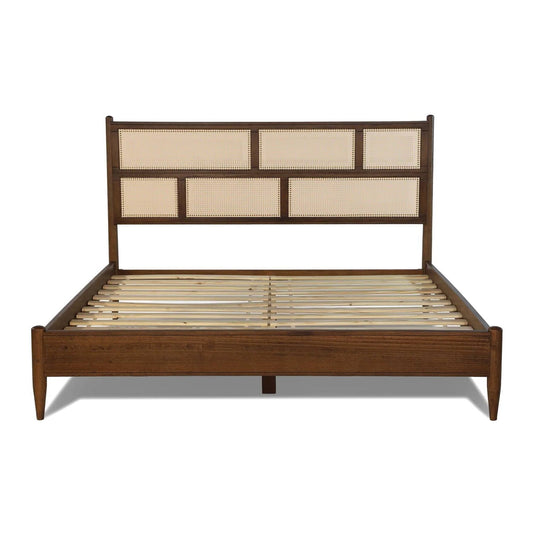 King Size Hardwood Platform Bed Frame with Cane Paneling Headboard in Walnut - Tampa Home & Garden Store