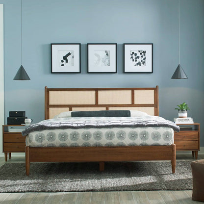Base de Cama Plataforma King Size de Madera Dura con Cabecero de Panel de Caña en Nogal