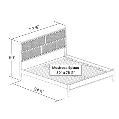 Base de Cama Plataforma King Size de Madera Dura con Cabecero de Panel de Caña en Nogal