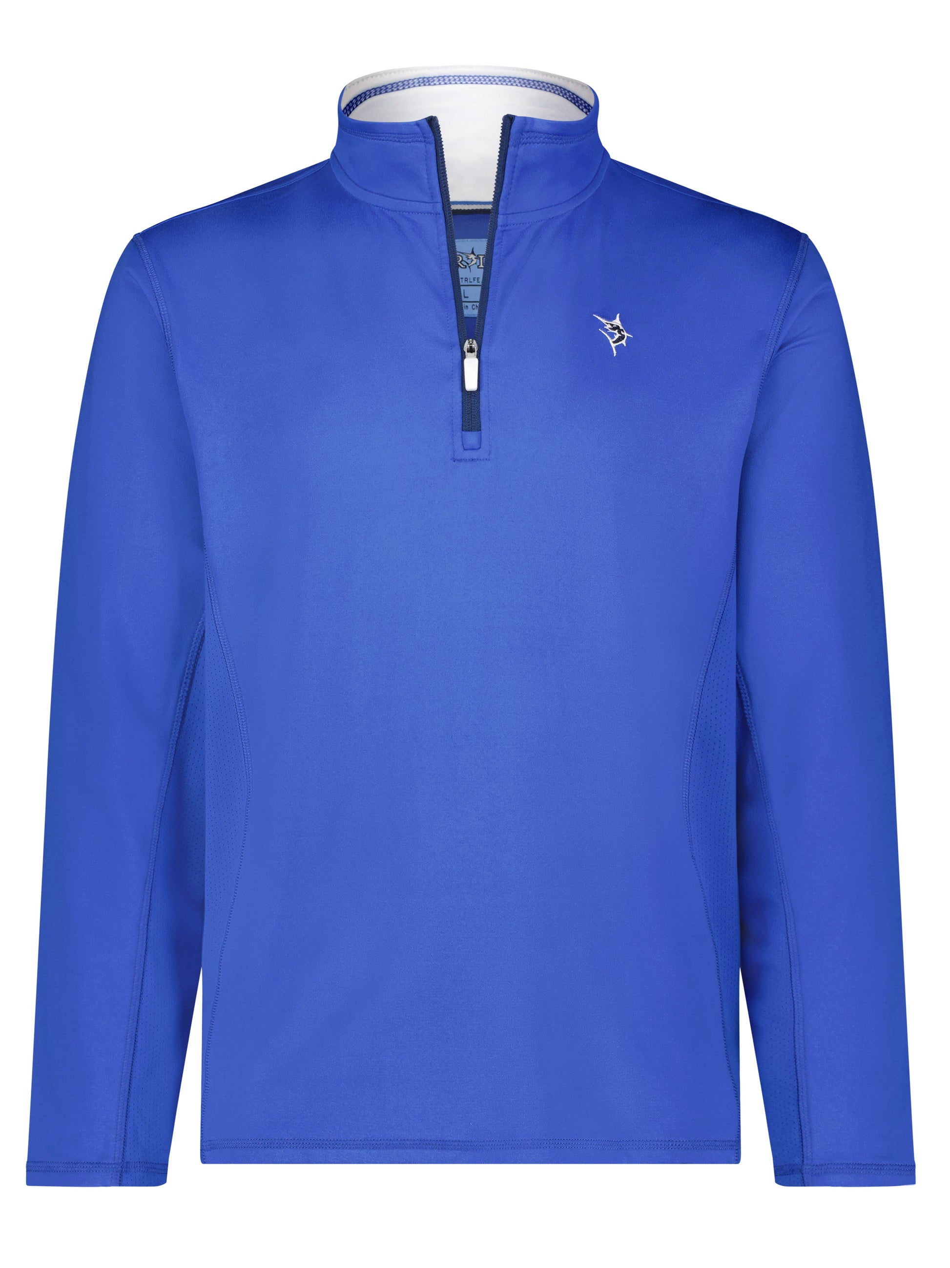 Blue Montauk Quarter Zip midweight pullover by White Water Life with front zipper and chest logo on Tampa Home & Garden Store