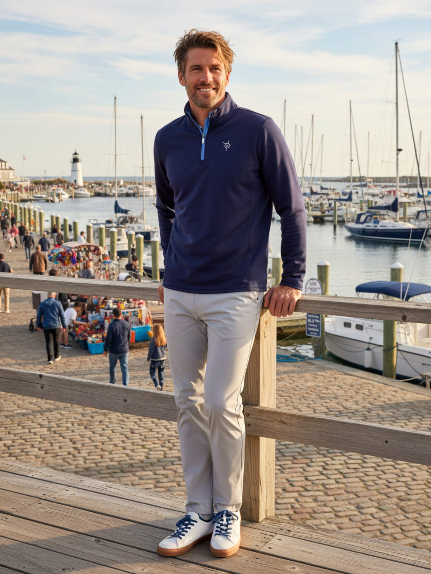 Montauk Quarter Zip Midweight Comfort navy pullover by White Water Life at marina boardwalk on Tampa Home & Garden Store