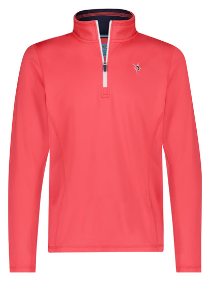Montauk Quarter Zip Midweight coral pink with white zipper, small chest logo on Tampa Home & Garden Store