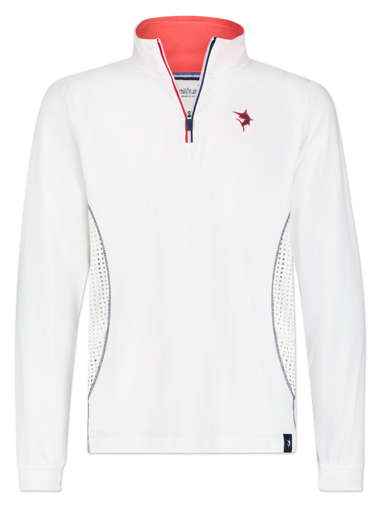 Monterey Performance Quarter Zip top by White Water Life, white with red interior collar, navy zipper, red chest logo, perforated side panels on Tampa Home & Garden Store