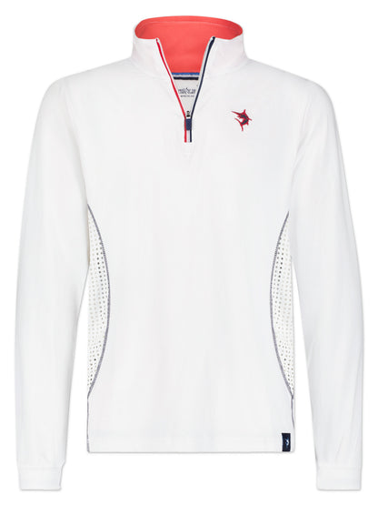Monterey Performance Quarter Zip top by White Water Life, white with red interior collar, navy zipper, red chest logo, perforated side panels on Tampa Home & Garden Store