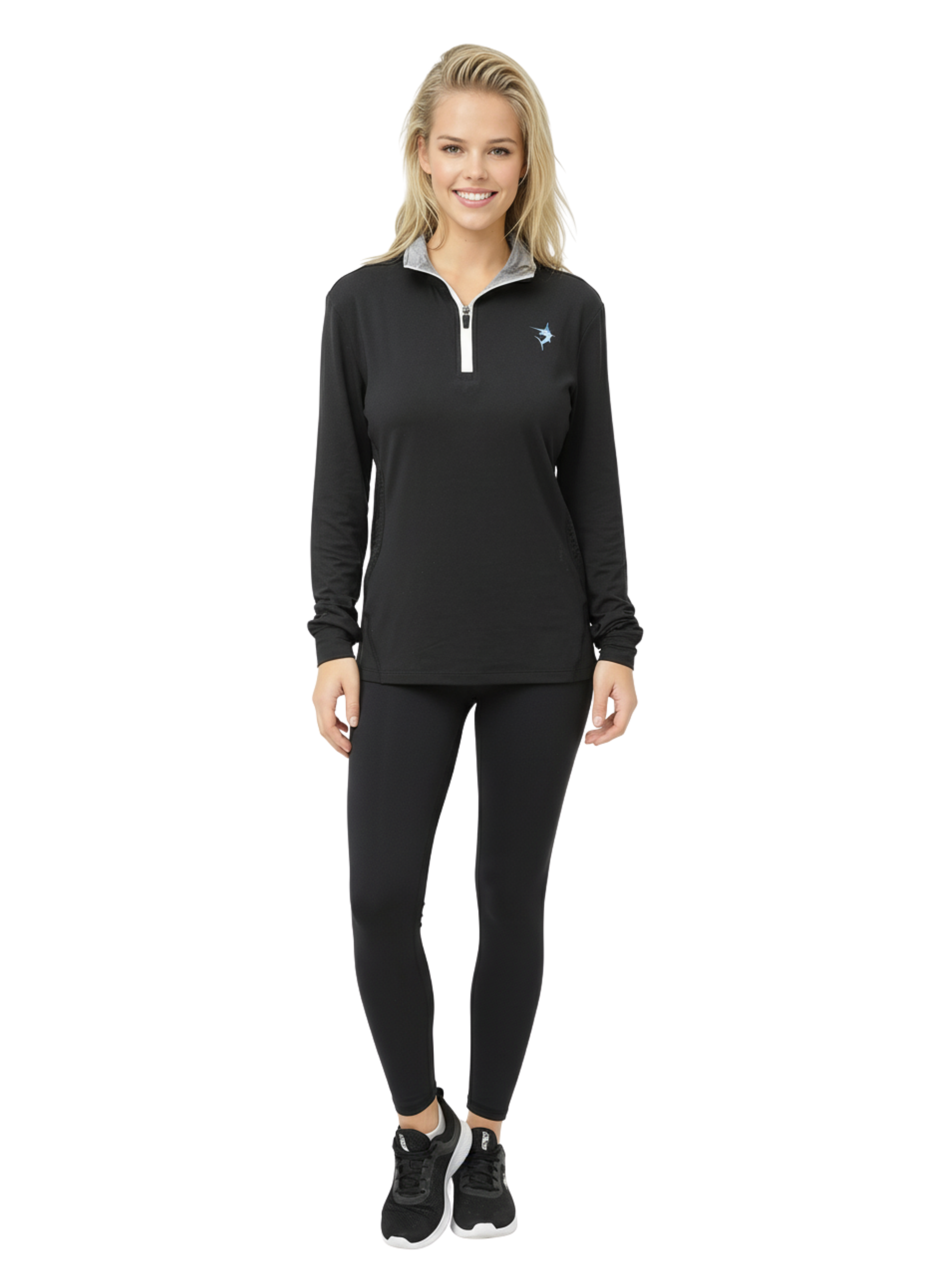 Women's Monterey Quarter Zip by White Water Life in black with gray collar and blue chest logo on Tampa Home & Garden Store