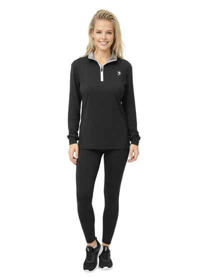 Women's Monterey Quarter Zip by White Water Life in black with gray collar and blue chest logo on Tampa Home & Garden Store
