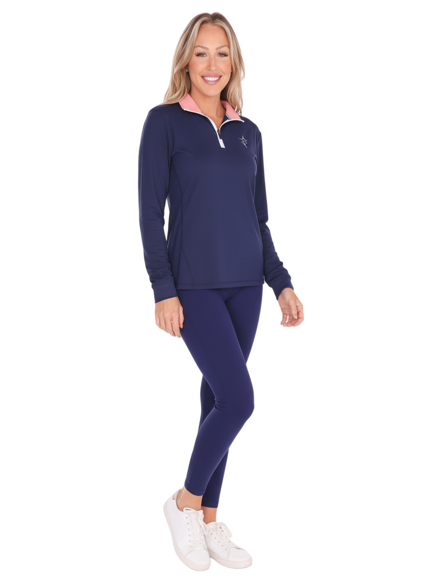 Women's Monterey Quarter Zip top by White Water Life in navy with pink collar on Tampa Home & Garden Store