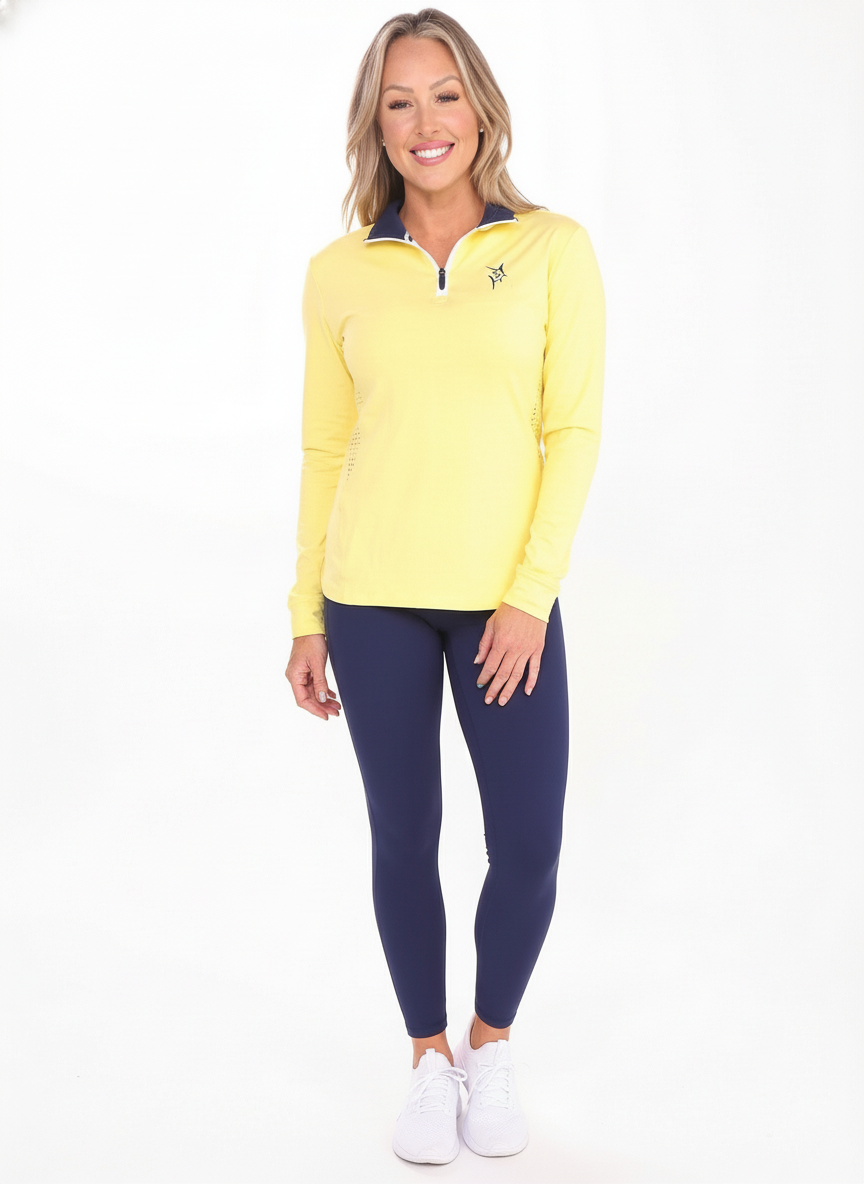 Women's Monterey Quarter Zip by White Water Life, yellow top with navy collar, navy leggings on Tampa Home & Garden Store