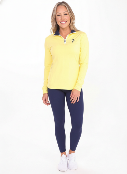 Women's Monterey Quarter Zip by White Water Life, yellow top with navy collar, navy leggings on Tampa Home & Garden Store