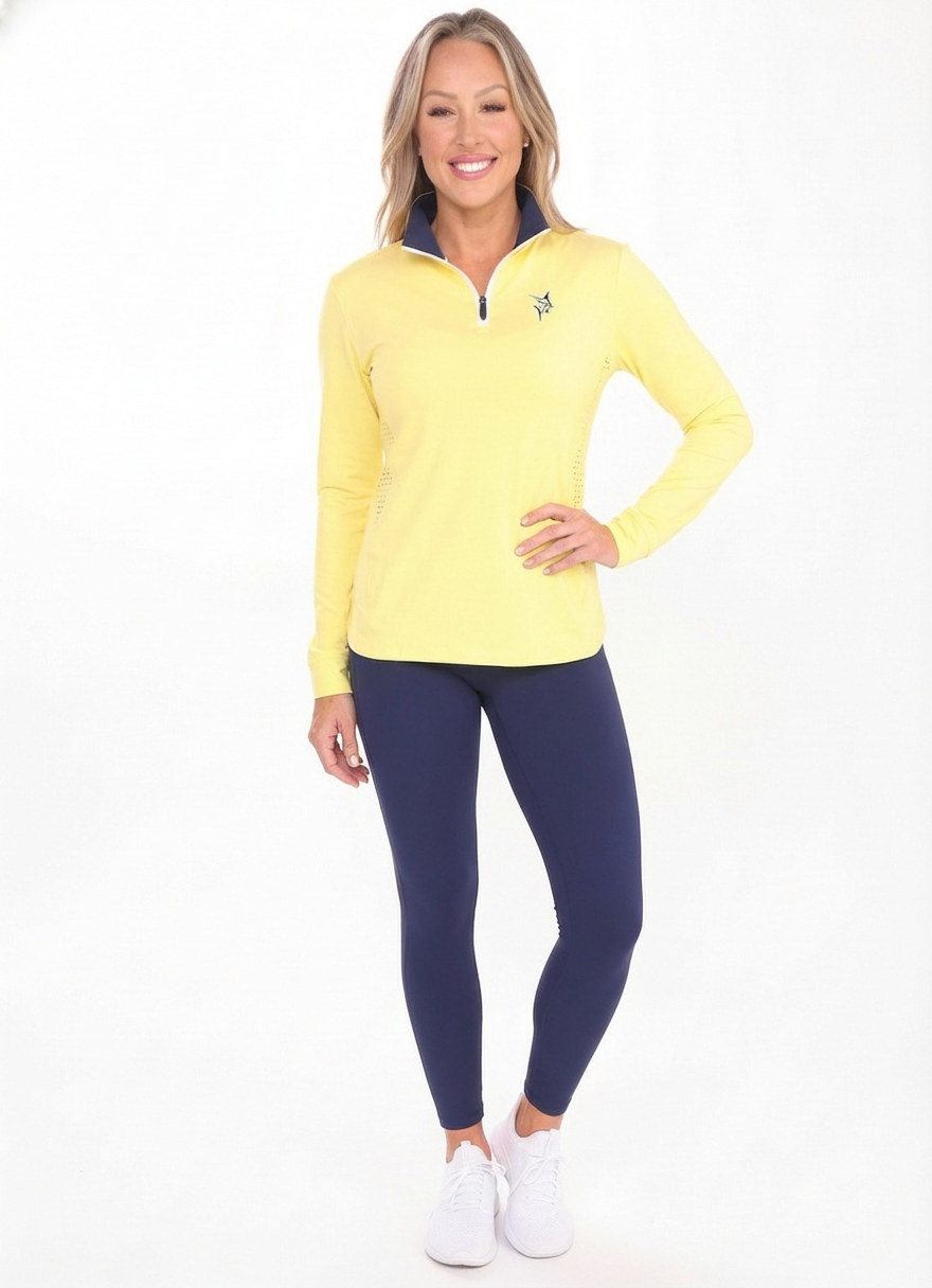 Women's Monterey Quarter Zip by White Water Life, yellow pullover with navy collar on Tampa Home & Garden Store