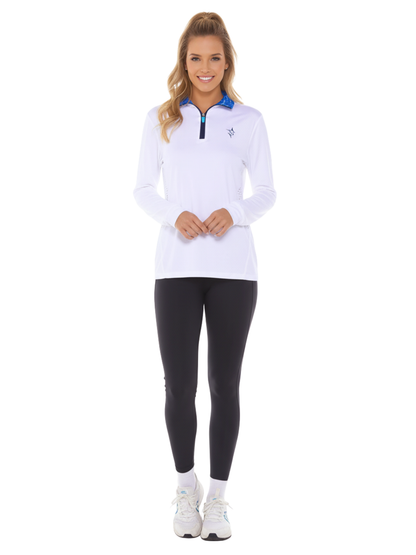 Women's Monterey Quarter Zip white top with blue patterned collar and chest logo on Tampa Home & Garden Store