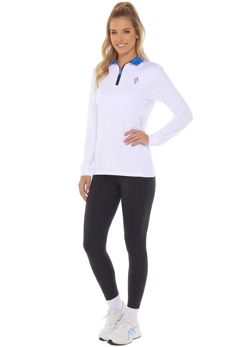 Women's Monterey Quarter Zip by White Water Life, white top with blue collar detail on Tampa Home & Garden Store