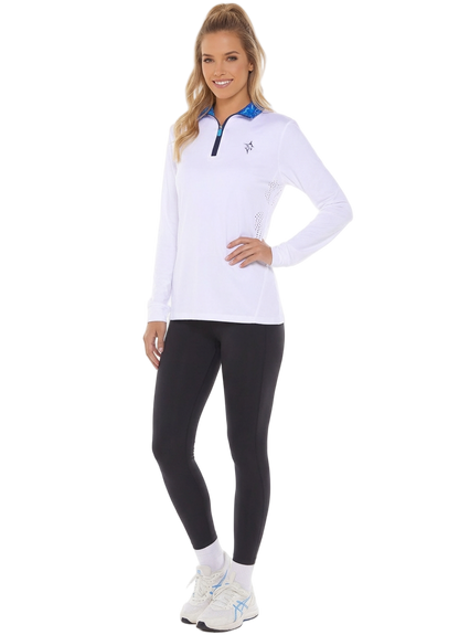 Women's Monterey Quarter Zip by White Water Life, white top with blue collar detail on Tampa Home & Garden Store